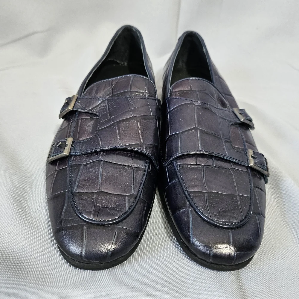 Sardinelli Barletta Italy Quiet Luxury Navy Double Monk Strap Loafers Sz 43/10